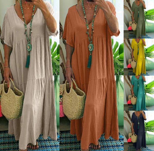 đ 50% RABATT! đĽ Lässiges langes Damenkleid mit kurzen Ărmeln â Weich, luftig & vielseitig â Perfekt fĂźr warme Tage, Strand oder einen entspannten Look â bequemer Schnitt fĂźr den Alltag đ¸â¨