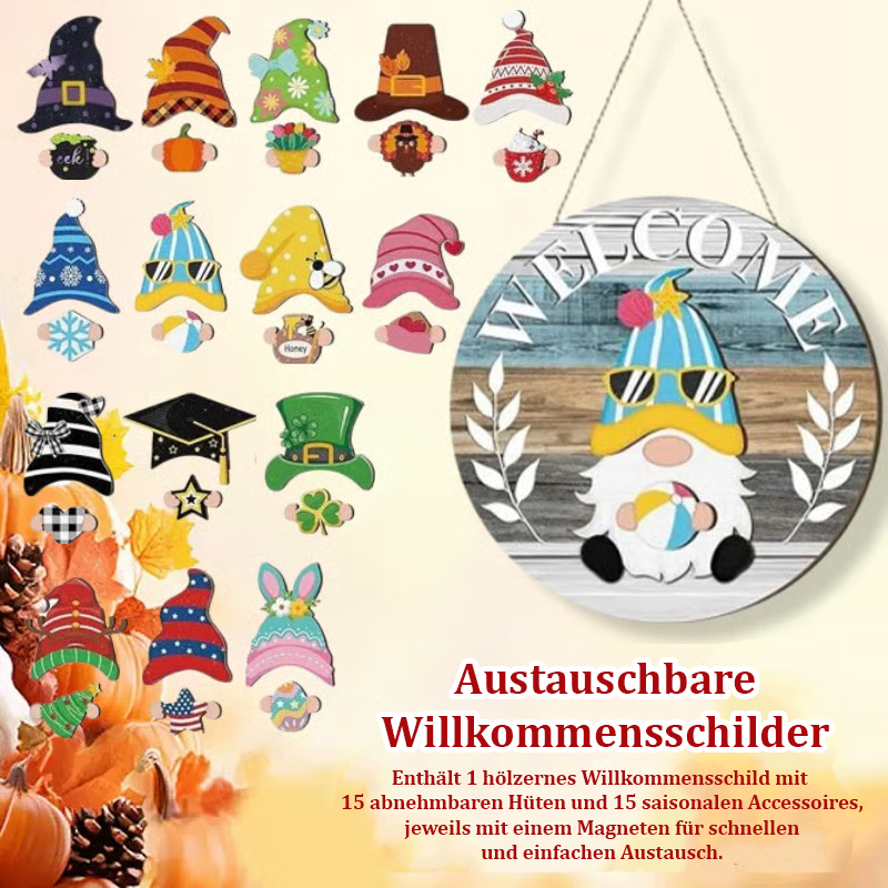🍁Die schönsten Weihnachtsdekorationen🎄Austauschbares Willkommensschild mit Holzgartenzwerg🎈