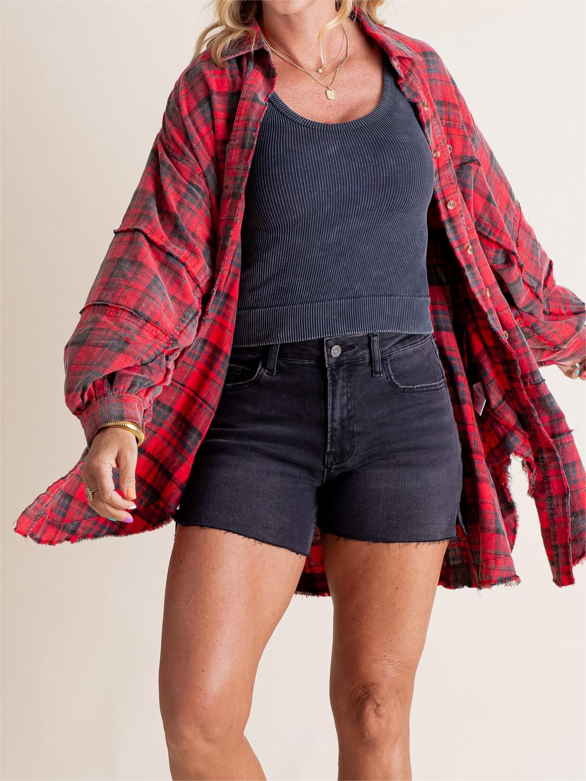 ⏳Begrenzte Zeit 50% Rabatt💥Mineral Washed Button-Down-Karohemd für Damen