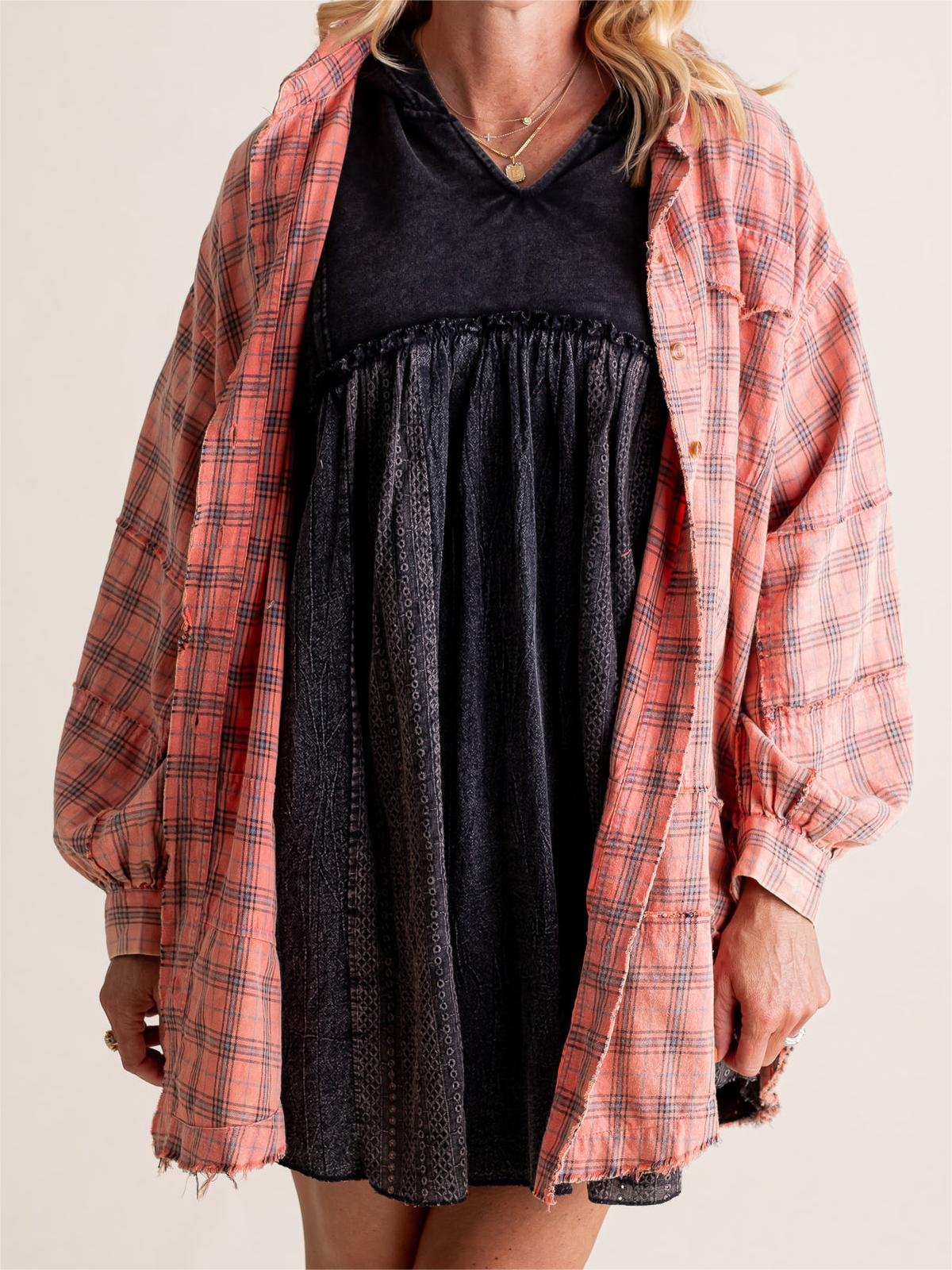 ⏳Begrenzte Zeit 50% Rabatt💥Mineral Washed Button-Down-Karohemd für Damen