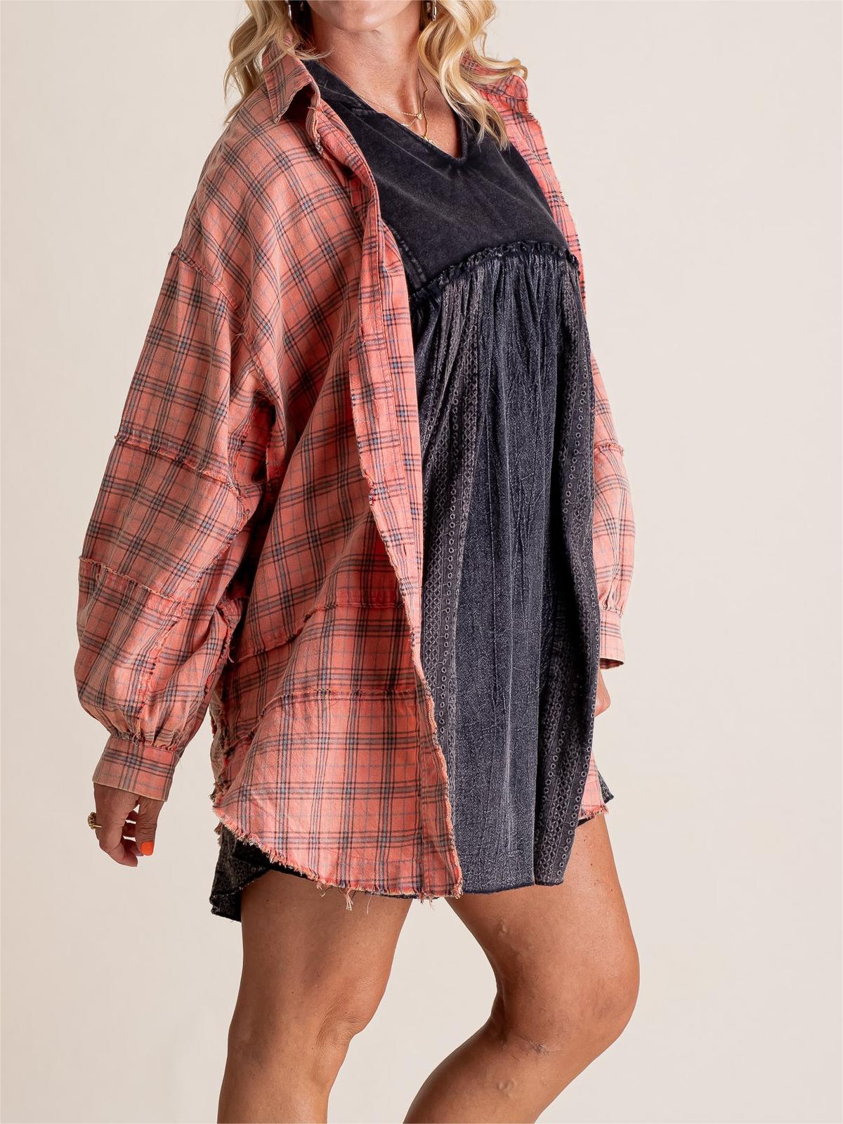 ⏳Begrenzte Zeit 50% Rabatt💥Mineral Washed Button-Down-Karohemd für Damen