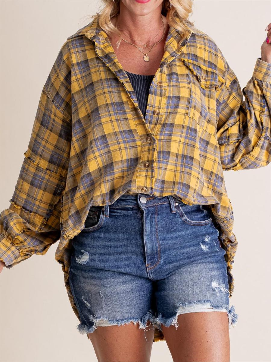 ⏳Begrenzte Zeit 50% Rabatt💥Mineral Washed Button-Down-Karohemd für Damen