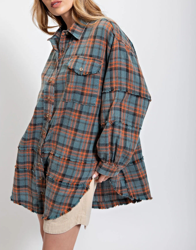 ⏳Begrenzte Zeit 50% Rabatt💥Mineral Washed Button-Down-Karohemd für Damen