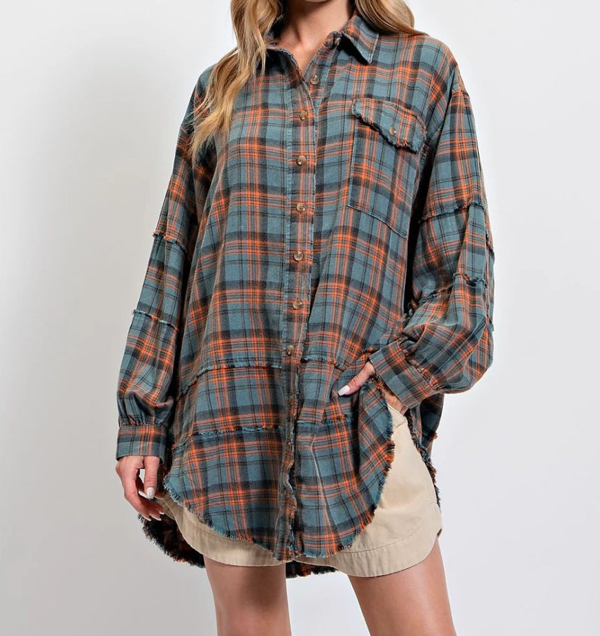 ⏳Begrenzte Zeit 50% Rabatt💥Mineral Washed Button-Down-Karohemd für Damen