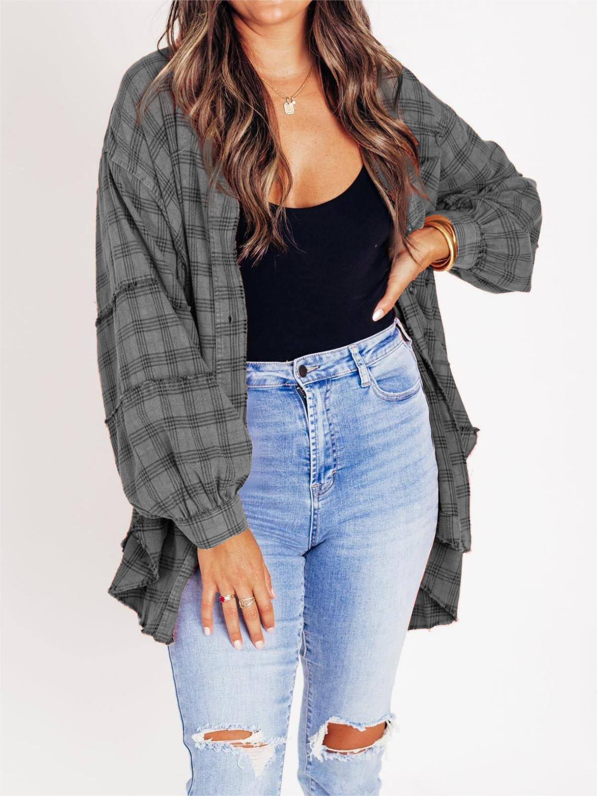 ⏳Begrenzte Zeit 50% Rabatt💥Mineral Washed Button-Down-Karohemd für Damen