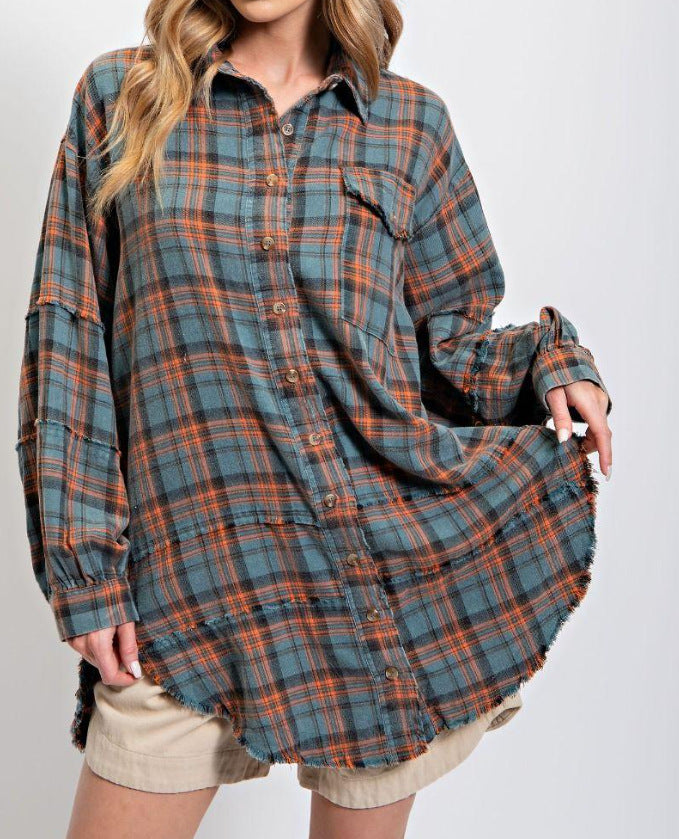 ⏳Begrenzte Zeit 50% Rabatt💥Mineral Washed Button-Down-Karohemd für Damen