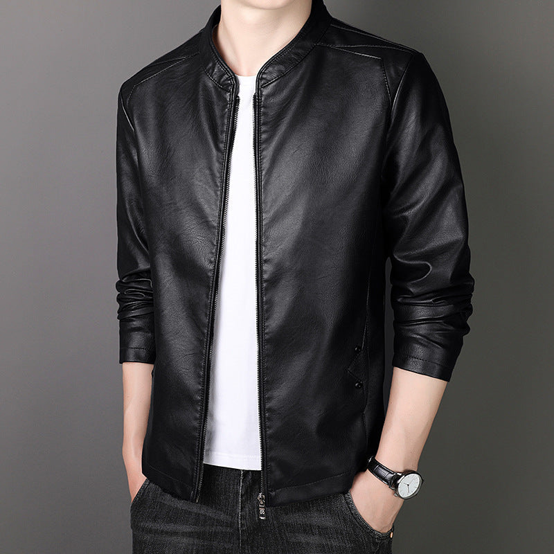 Herren Stehkragen Kunstlederjacke