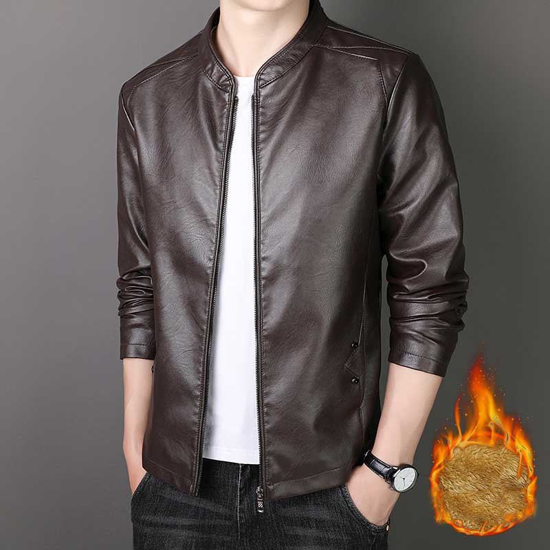 Herren Stehkragen Kunstlederjacke