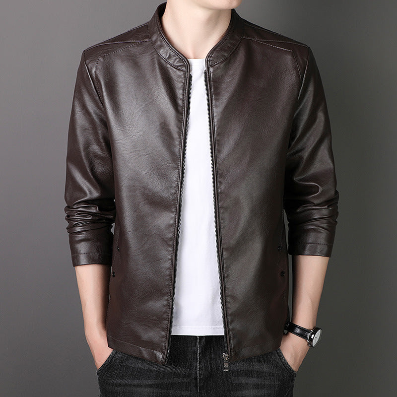 Herren Stehkragen Kunstlederjacke