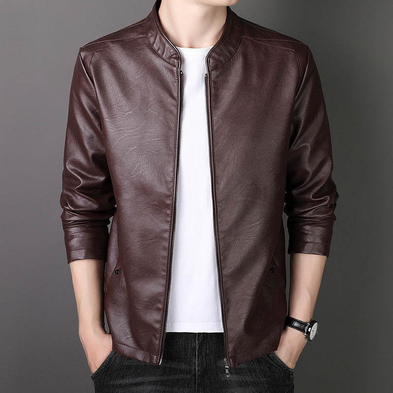 Herren Stehkragen Kunstlederjacke