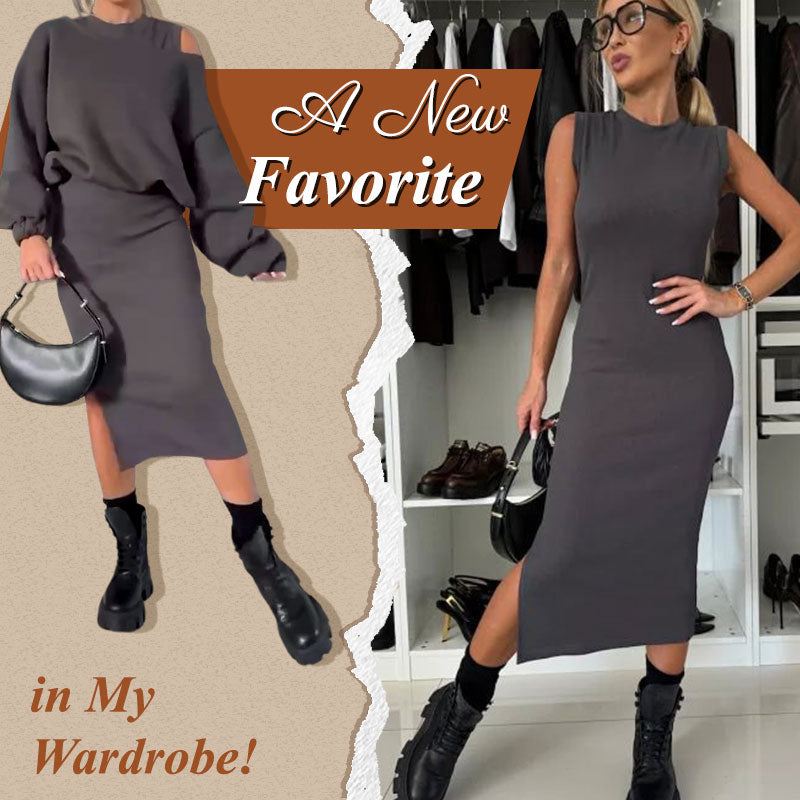 Damen-Set mit Sweatshirt mit schrägen Schultern und ärmellosem Kleid