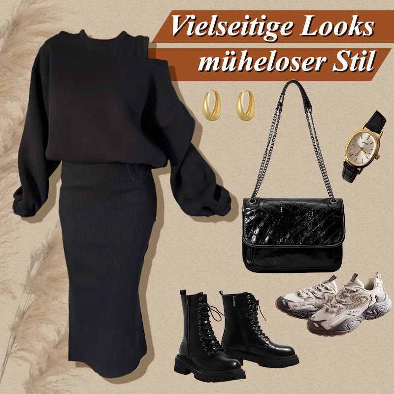 Damen-Set mit Sweatshirt mit schrägen Schultern und ärmellosem Kleid