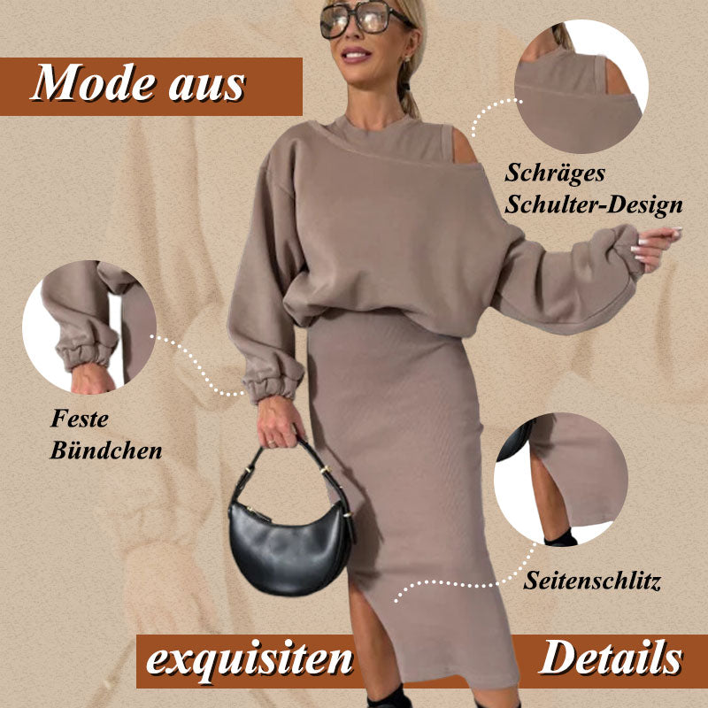 Damen-Set mit Sweatshirt mit schrägen Schultern und ärmellosem Kleid