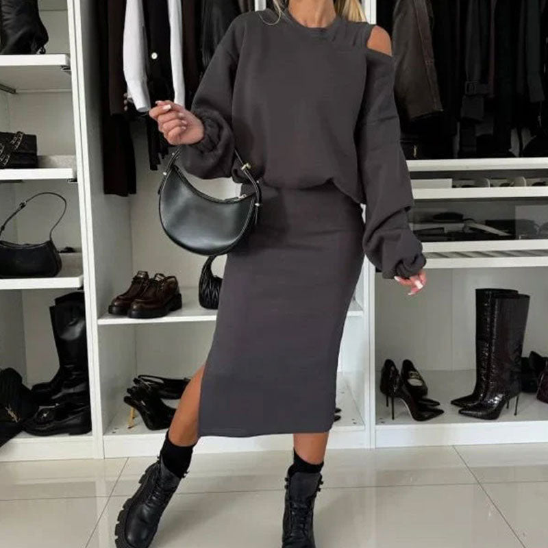 Damen-Set mit Sweatshirt mit schrägen Schultern und ärmellosem Kleid