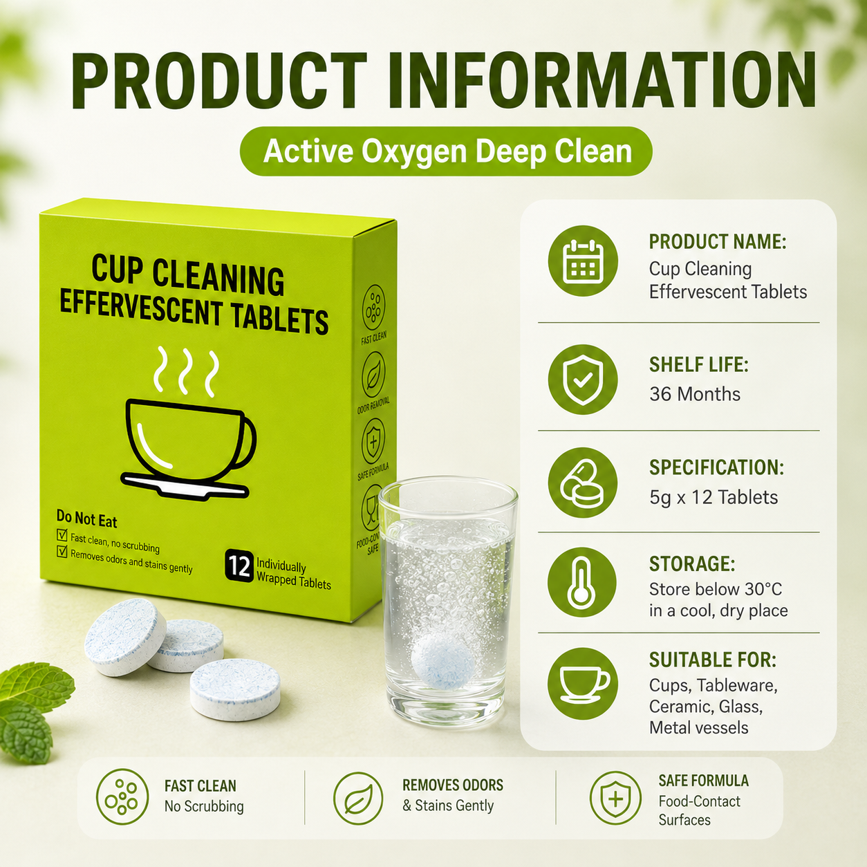 12er-Pack Brausetabletten zur Reinigung von Bechern mit aktivem Sauerstoff