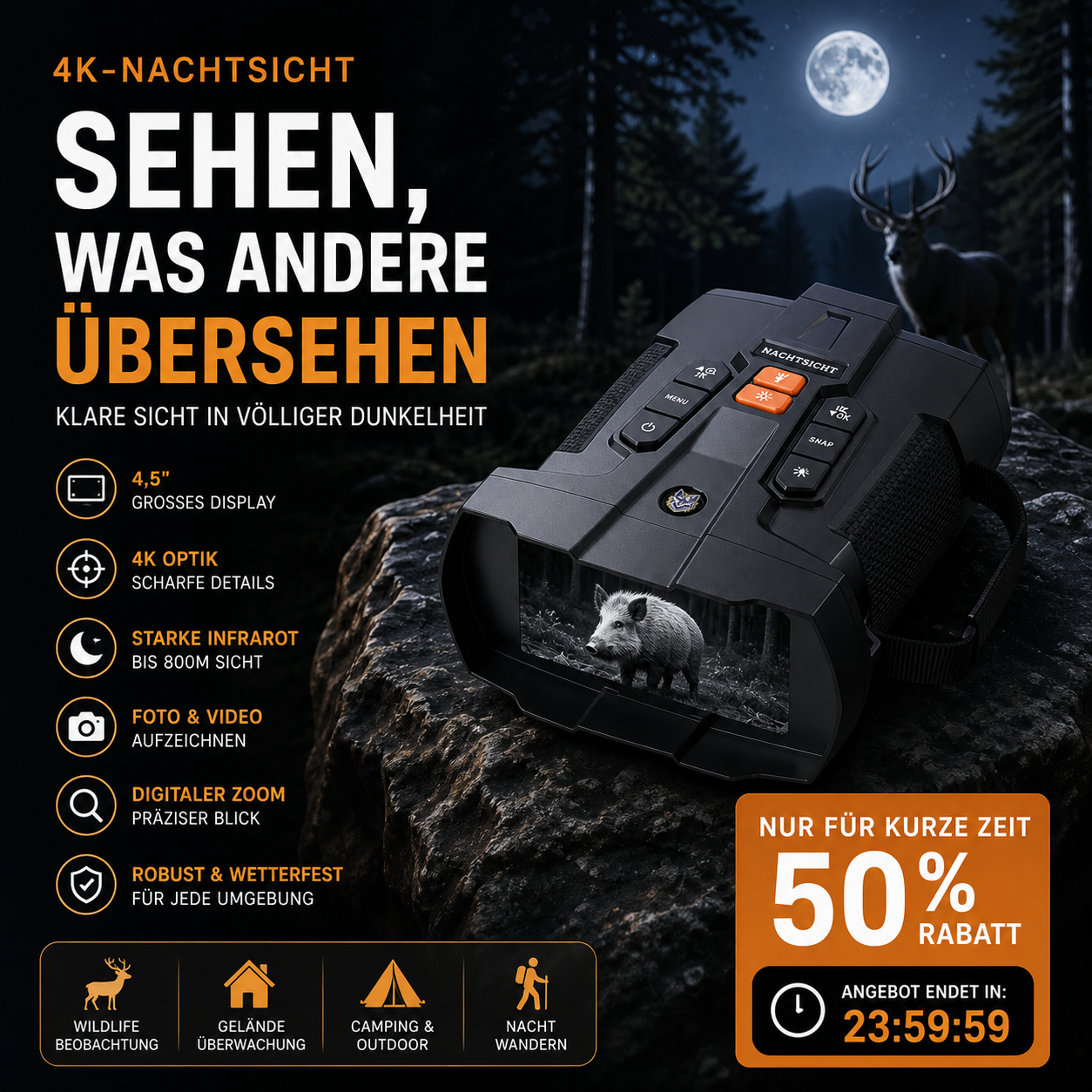 4.5‑Zoll‑Nachtsichtbrille mit 4K‑Ferrooptik