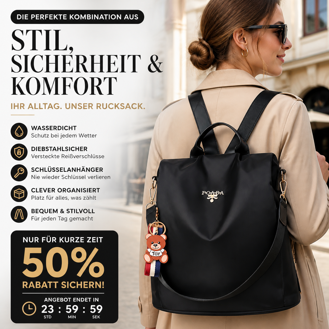 Wasserdichter Rucksack für Damen mit Schlüsselanhänger und Diebstahlschutz