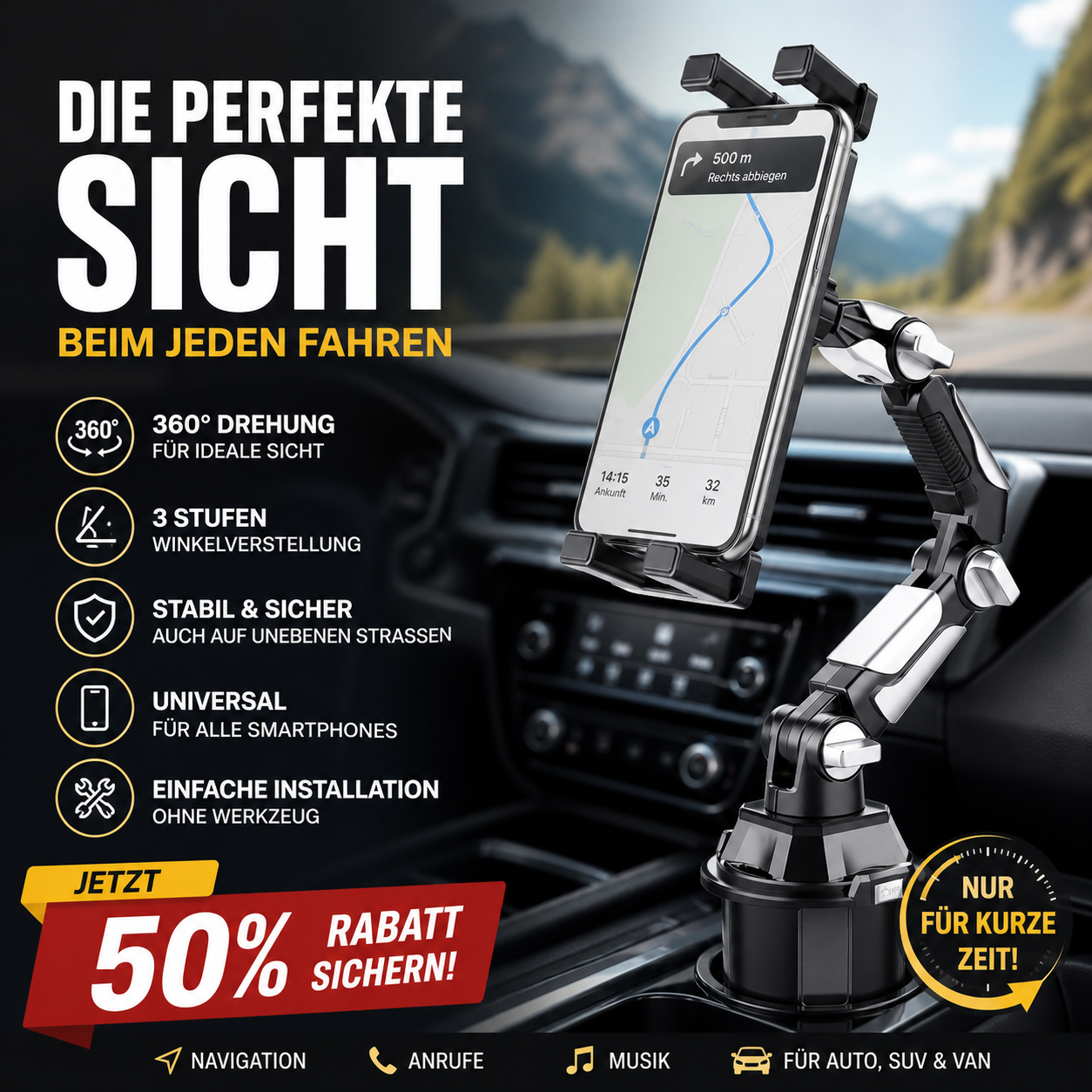360° drehbare und verstellbare Autohalterung für Trinkbecher
