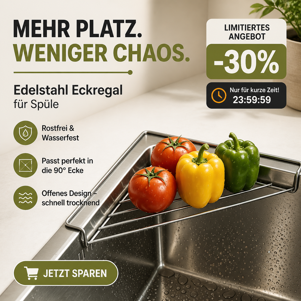 💧45% Rabatt 🥣Edelstahl-Ablage für Eckspülbecken