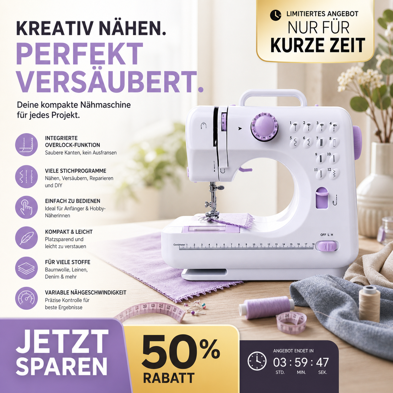 Multifunktionale Nähmaschine mit Overlock-Stich