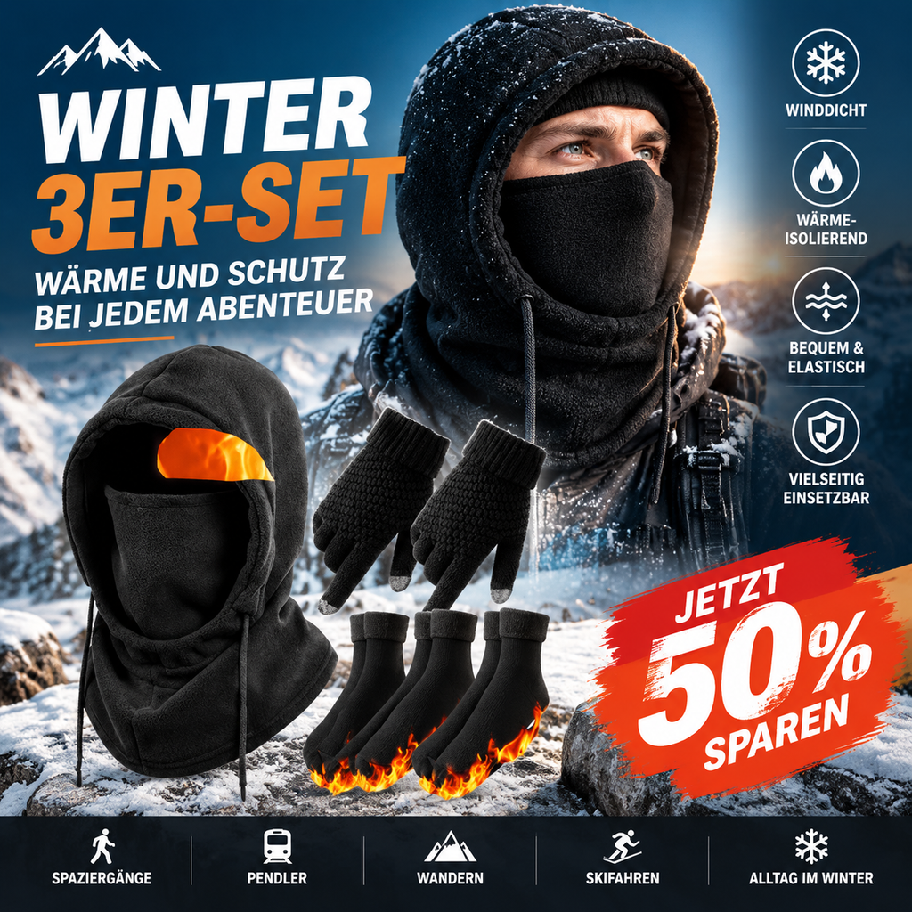 ❄️ 50% RABATT! ⏰❄️Halten Sie sich den ganzen Winter warm! 3‑Teil‑Set: Mütze + Handschuhe + Socken + Gesichtsmaske✨