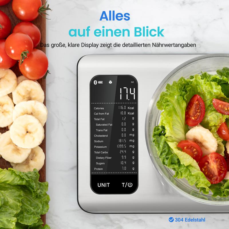 ⚖️📊 Küchenwaage digital – misst 19 Nährwerte & Kalorien per App, 5kg Edelstahl 🥗✅ für gesunde Ernährung & Gewichtsverlust
