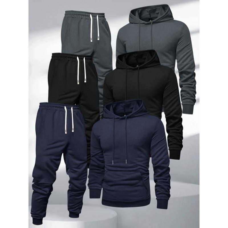 Set aus Kapuzenpullover und Jogginghose für Herren, Sportanzug aus Polyester, einfarbig, langärmelig, leicht dehnbarer Strickstoff