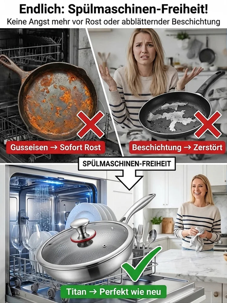 🍳 Verdickte flache Bratpfanne aus reinem Titan, ohne Beschichtung, Boden verformt sich nicht