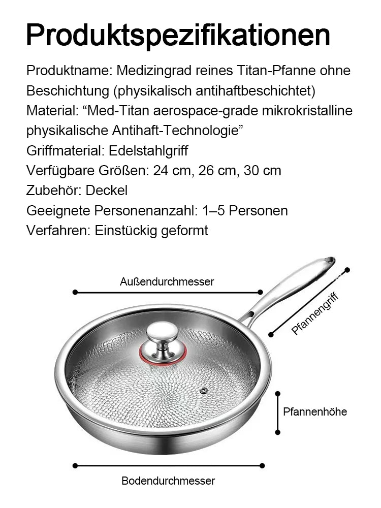 🍳 Verdickte flache Bratpfanne aus reinem Titan, ohne Beschichtung, Boden verformt sich nicht