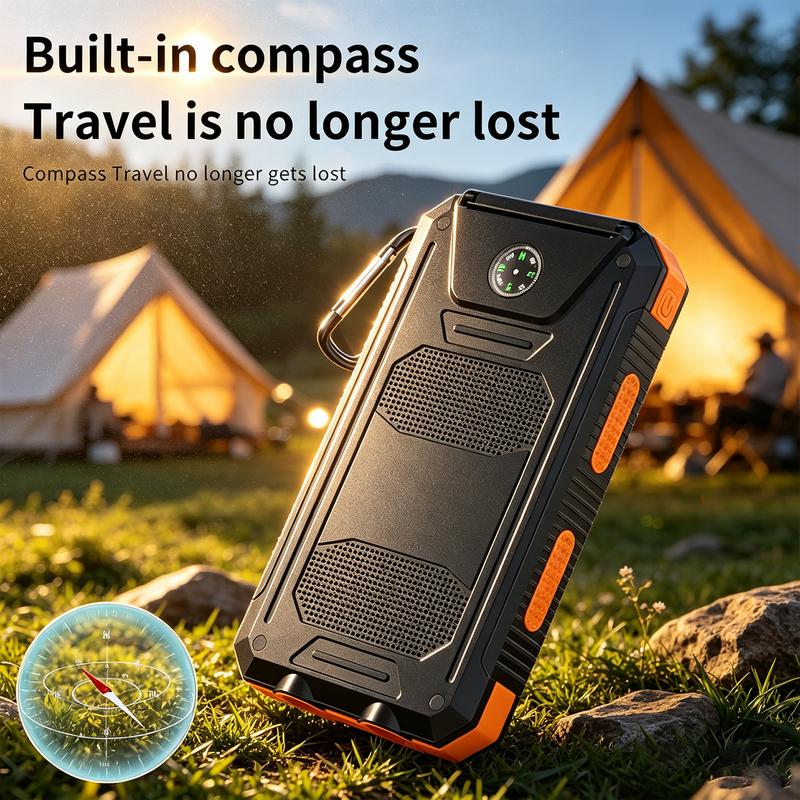 Tragbare Solar-Powerbank, Solar-Ladegerät mit zwei LED-Taschenlampen, Powerbank für Reisen und Camping