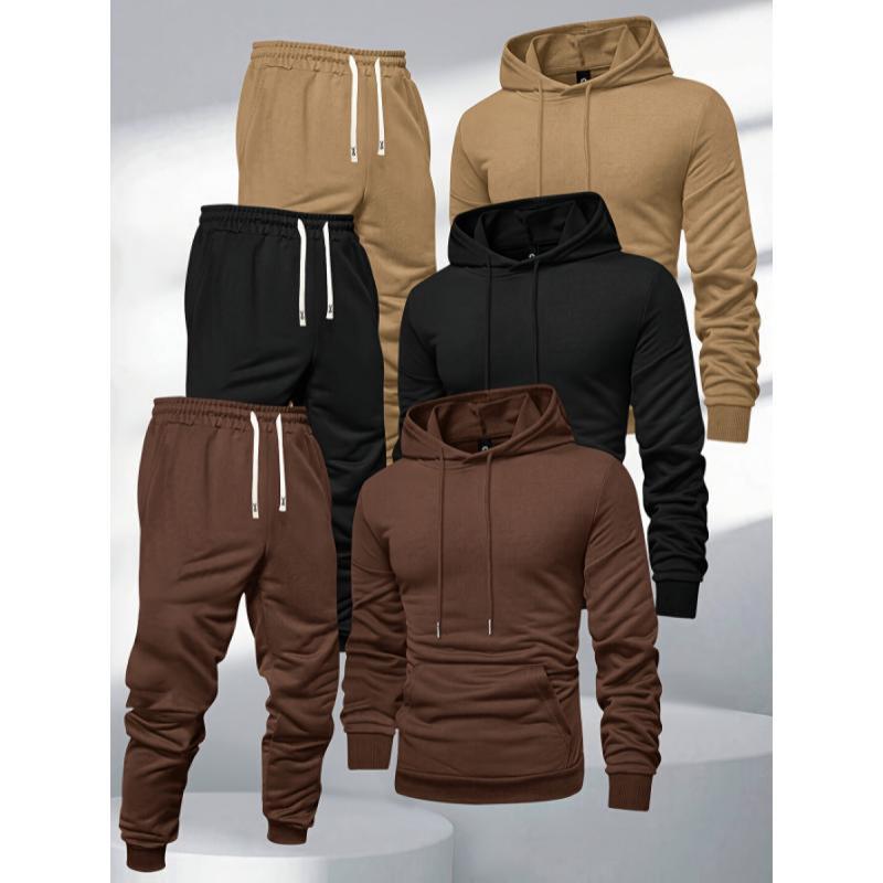 Set aus Kapuzenpullover und Jogginghose für Herren, Sportanzug aus Polyester, einfarbig, langärmelig, leicht dehnbarer Strickstoff
