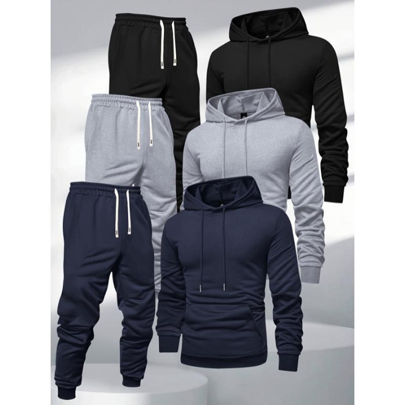 Set aus Kapuzenpullover und Jogginghose für Herren, Sportanzug aus Polyester, einfarbig, langärmelig, leicht dehnbarer Strickstoff