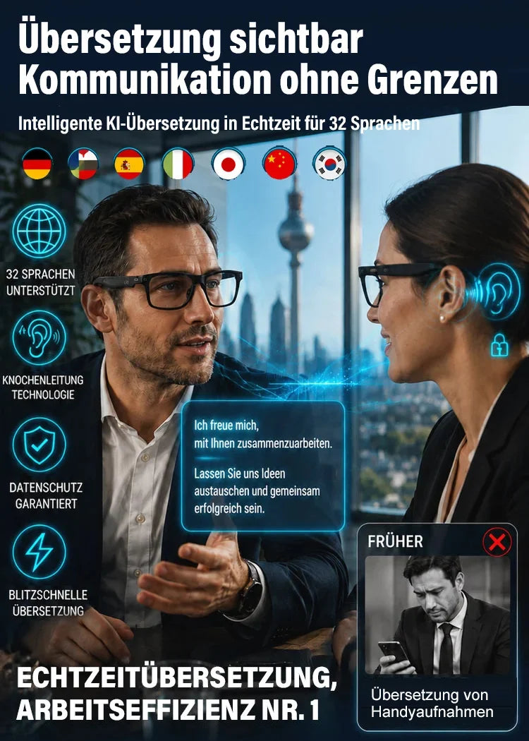 KI-Smart-Brille mit ChatGPT, 8-MP-Kamera und HD 1200P 4K-Videoaufzeichnung, Echtzeitübersetzung in über 160 Sprachen, Bluetooth 5.4, HiFi-Audio- und Musiksteuerung, intelligente Sonnenbrille mit Videoaufzeichnung für unterwegs