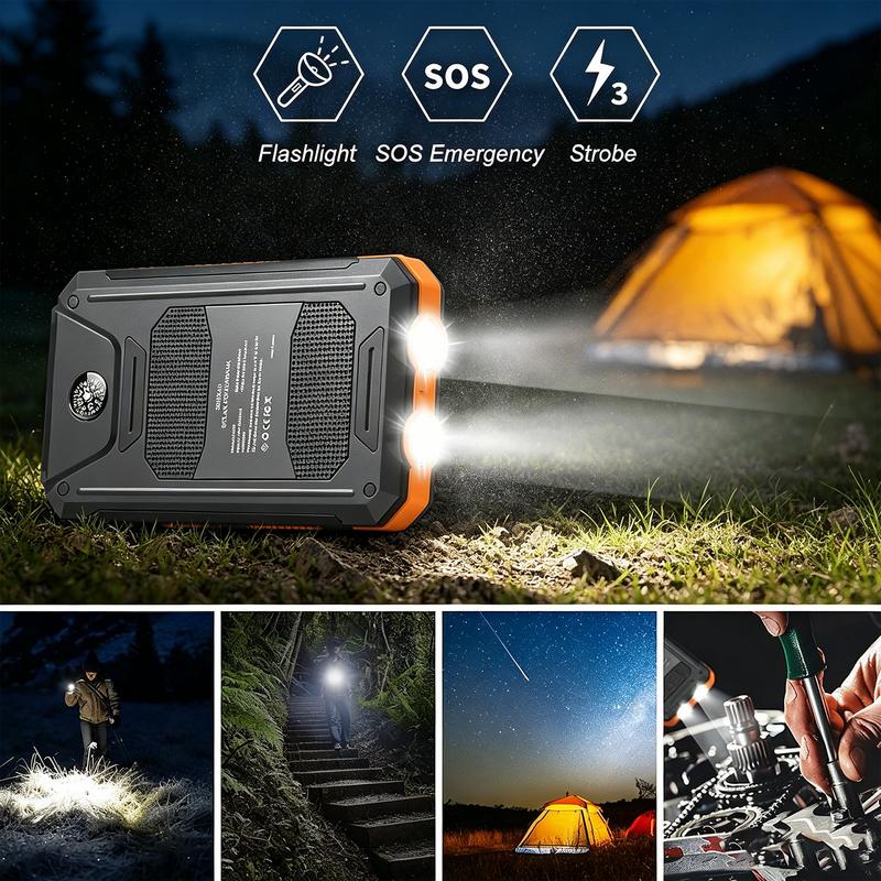 Tragbare Solar-Powerbank, Solar-Ladegerät mit zwei LED-Taschenlampen, Powerbank für Reisen und Camping