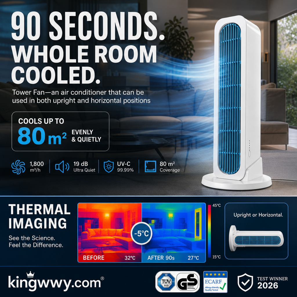 【Kühlt den gesamten Raum in 90 Sekunden】 Säulenventilator – eine Klimaanlage, die sowohl vertikal als auch horizontal aufgestellt werden kann