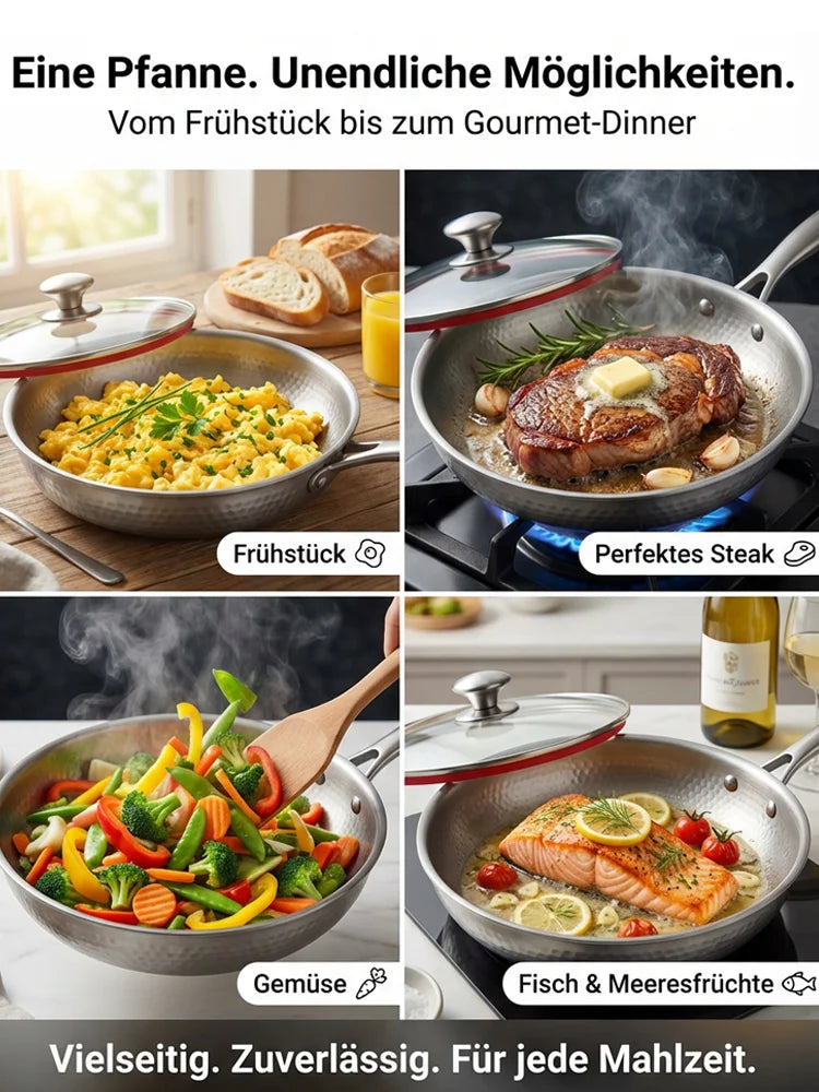 🍳 Verdickte flache Bratpfanne aus reinem Titan, ohne Beschichtung, Boden verformt sich nicht