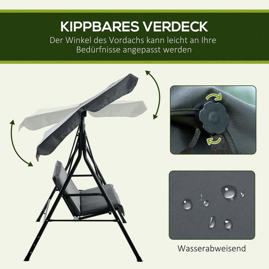 Outsunny Hollywoodschaukel mit Sitzpolster, 3-Sitzer Gartenschaukel mit verstellbarem Sonnendach, Schaukelbank belast bis 240 kg, für Garten, Terrasse, 172 x 110 x 153 cm