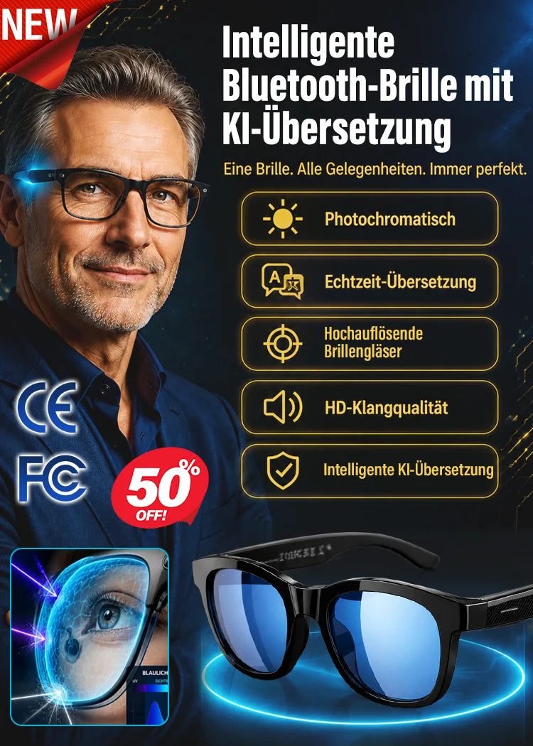 KI-Smart-Brille mit ChatGPT, 8-MP-Kamera und HD 1200P 4K-Videoaufzeichnung, Echtzeitübersetzung in über 160 Sprachen, Bluetooth 5.4, HiFi-Audio- und Musiksteuerung, intelligente Sonnenbrille mit Videoaufzeichnung für unterwegs