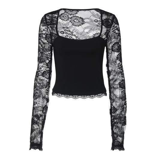 👚 60% RABATT! 🌸 Einfarbiges Damen-T-Shirt – Spitzenblumenmuster, Gesplittete Rüschen & Transparente Ärmel für Romantischen Look ✨