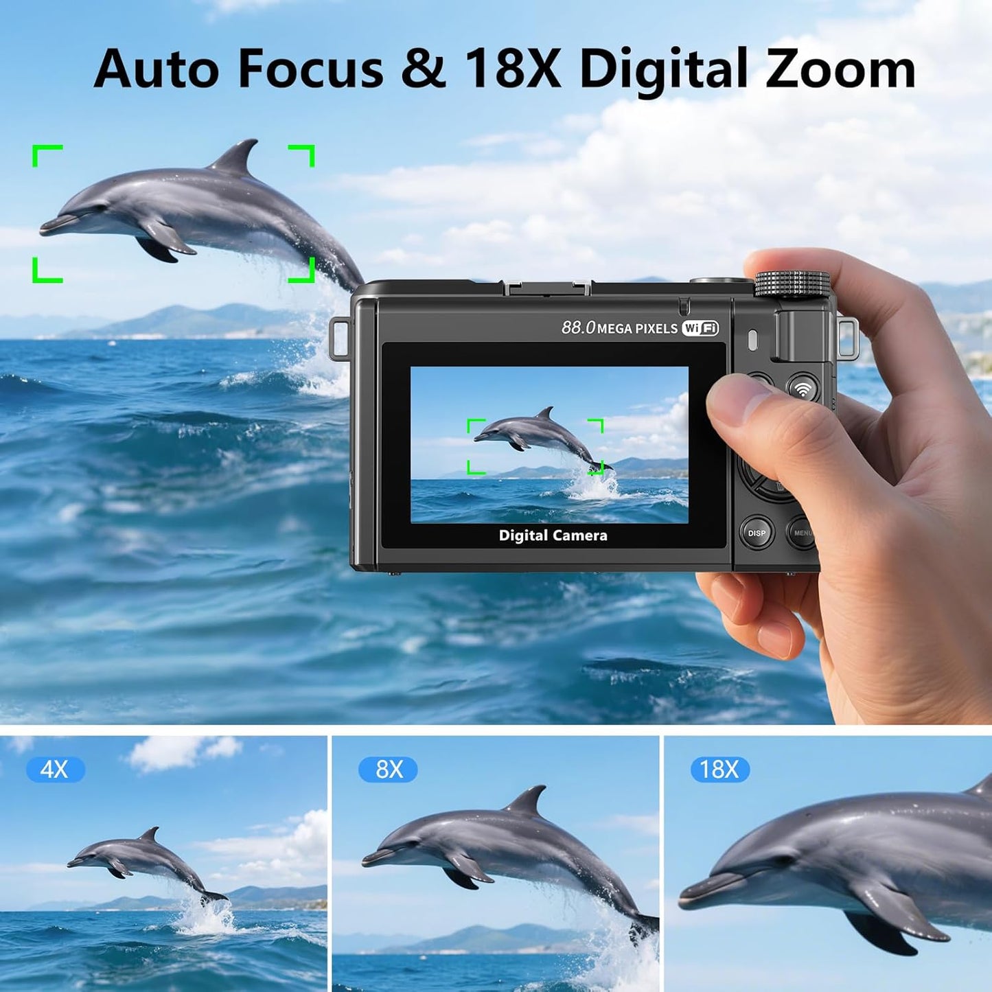 8K-Digitalkamera mit 88-Megapixel-Sensor und 3-Zoll-Flip-Screen mit 180-Grad-Schwenkbereich