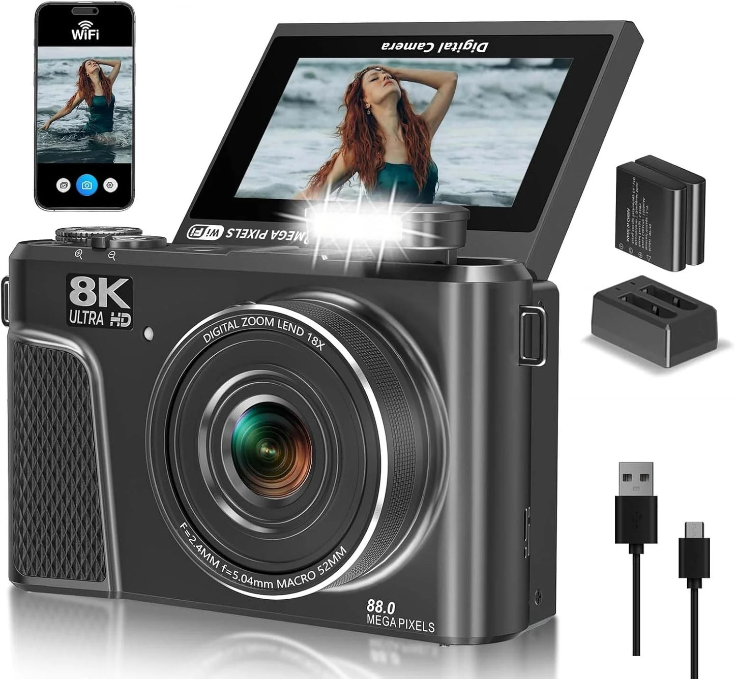 8K-Digitalkamera mit 88-Megapixel-Sensor und 3-Zoll-Flip-Screen mit 180-Grad-Schwenkbereich