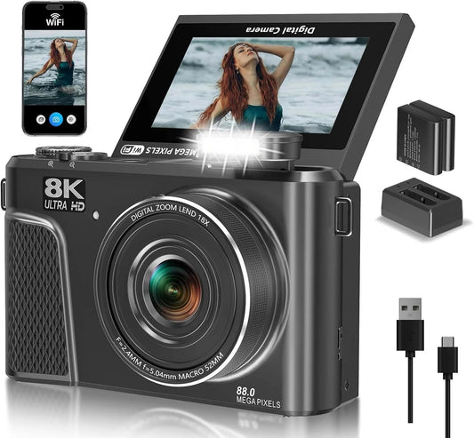 8K-Digitalkamera mit 88-Megapixel-Sensor und 3-Zoll-Flip-Screen mit 180-Grad-Schwenkbereich