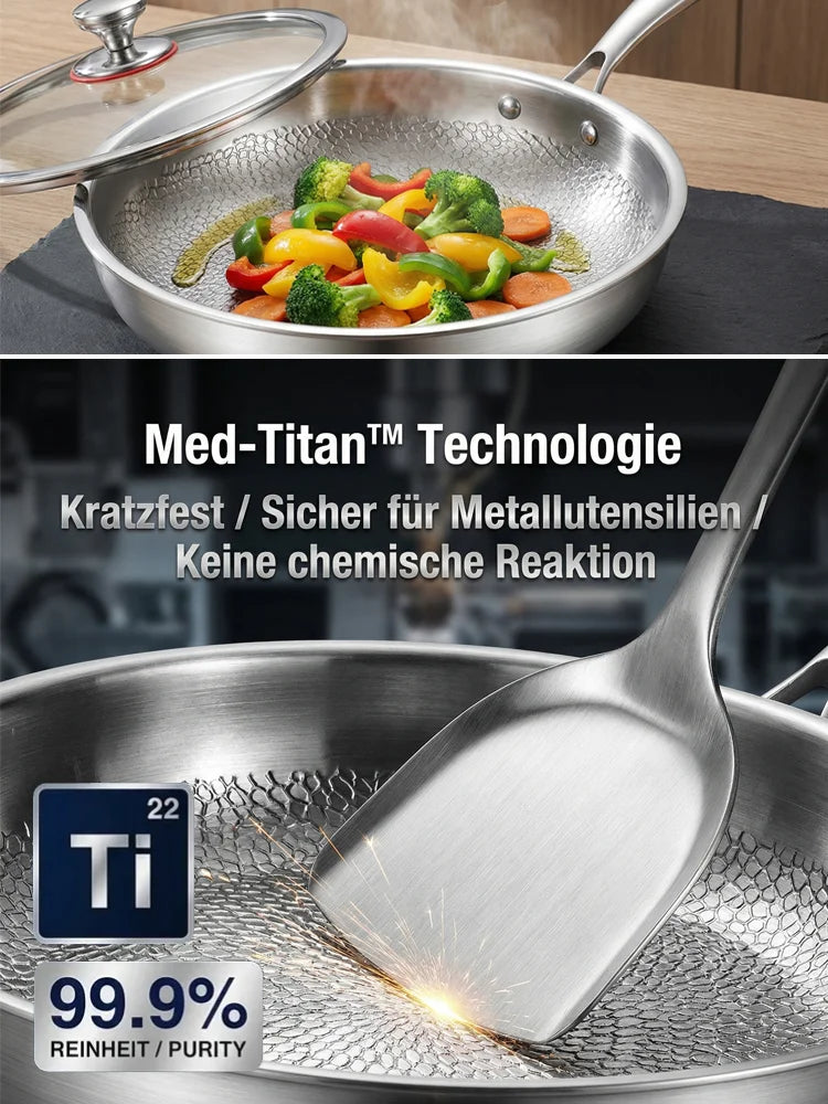 🍳 Verdickte flache Bratpfanne aus reinem Titan, ohne Beschichtung, Boden verformt sich nicht