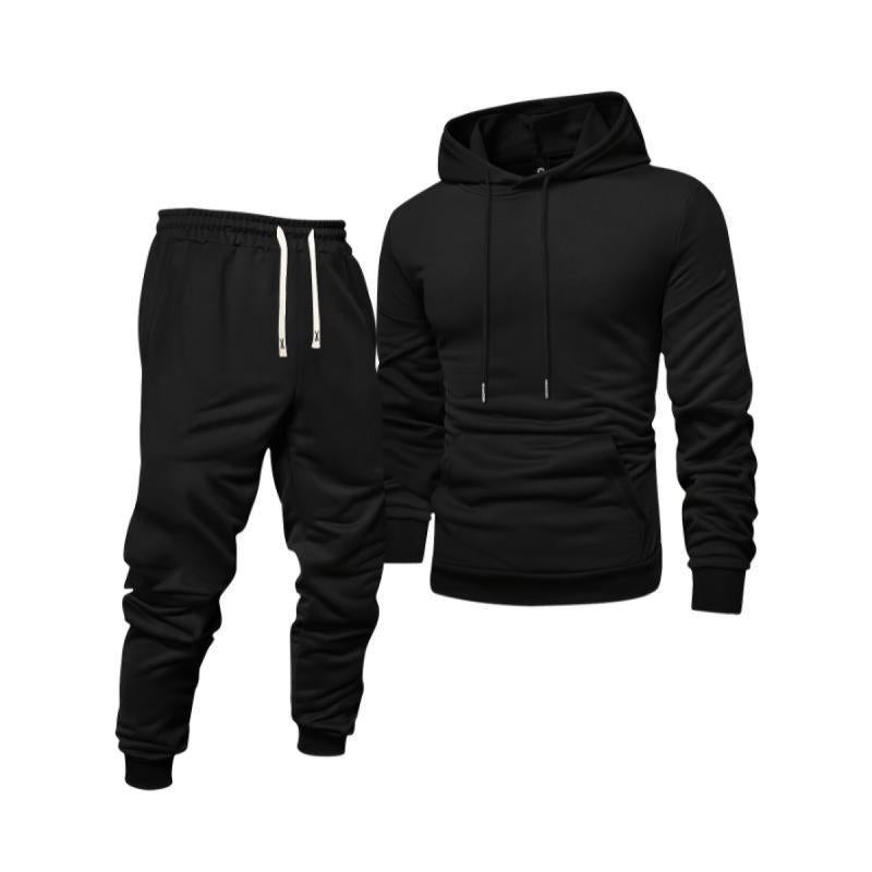 Set aus Kapuzenpullover und Jogginghose für Herren, Sportanzug aus Polyester, einfarbig, langärmelig, leicht dehnbarer Strickstoff