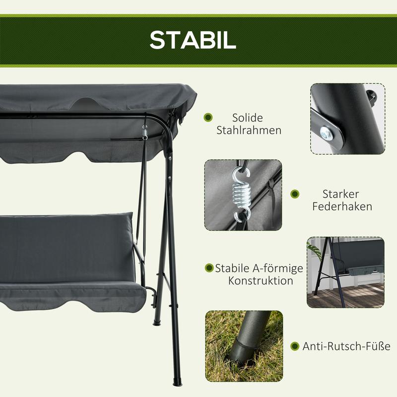 Outsunny Hollywoodschaukel mit Sitzpolster, 3-Sitzer Gartenschaukel mit verstellbarem Sonnendach, Schaukelbank belast bis 240 kg, für Garten, Terrasse, 172 x 110 x 153 cm