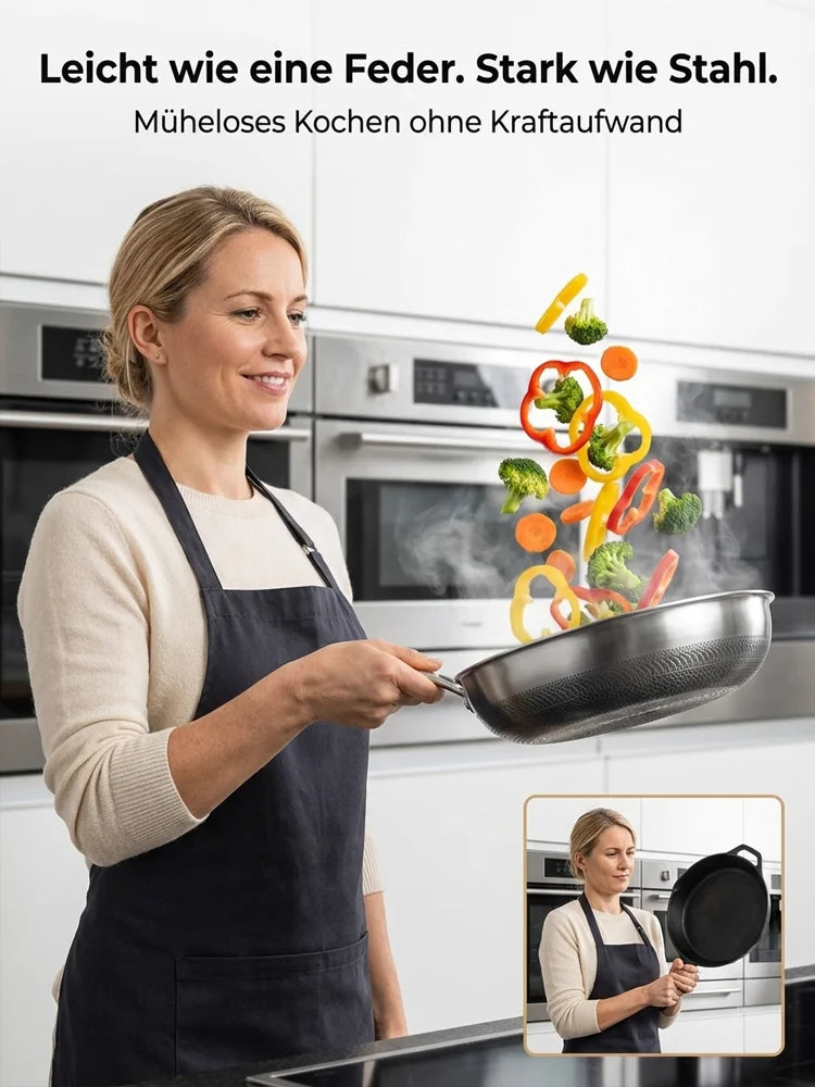 🍳 Verdickte flache Bratpfanne aus reinem Titan, ohne Beschichtung, Boden verformt sich nicht