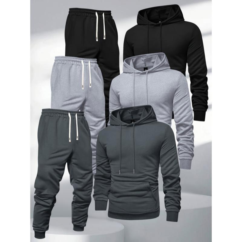 Set aus Kapuzenpullover und Jogginghose für Herren, Sportanzug aus Polyester, einfarbig, langärmelig, leicht dehnbarer Strickstoff