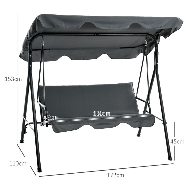 Outsunny Hollywoodschaukel mit Sitzpolster, 3-Sitzer Gartenschaukel mit verstellbarem Sonnendach, Schaukelbank belast bis 240 kg, für Garten, Terrasse, 172 x 110 x 153 cm