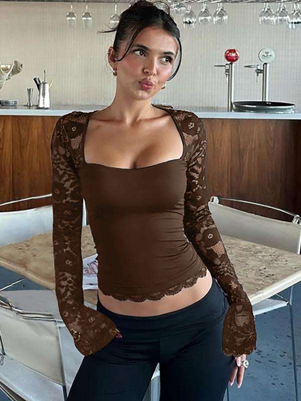 👚 60% RABATT! 🌸 Einfarbiges Damen-T-Shirt – Spitzenblumenmuster, Gesplittete Rüschen & Transparente Ärmel für Romantischen Look ✨