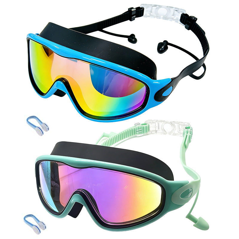 Schwimmbrille für Kinder, 2er-Set – beschlagfreie Schwimmbrille mit Ohrstöpseln, Weitwinkel-Design, bequeme Schwimmbrille aus Silikon für Jungen und Mädchen